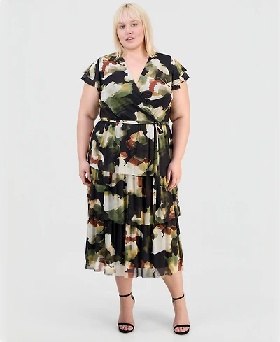 Anne Klein Plus Printed Tiered V-Neck Midi Dress