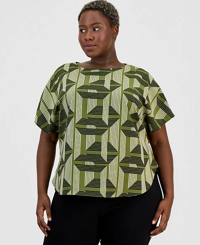 Anne Klein Plus Printed Boat-Neck Short-Sleeve Top