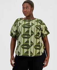 Anne Klein Plus Printed Boat-Neck Short-Sleeve Top