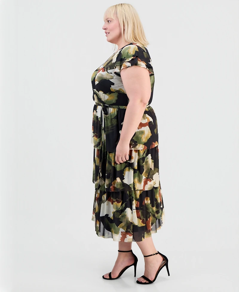 Anne Klein Plus Printed Tiered V-Neck Midi Dress