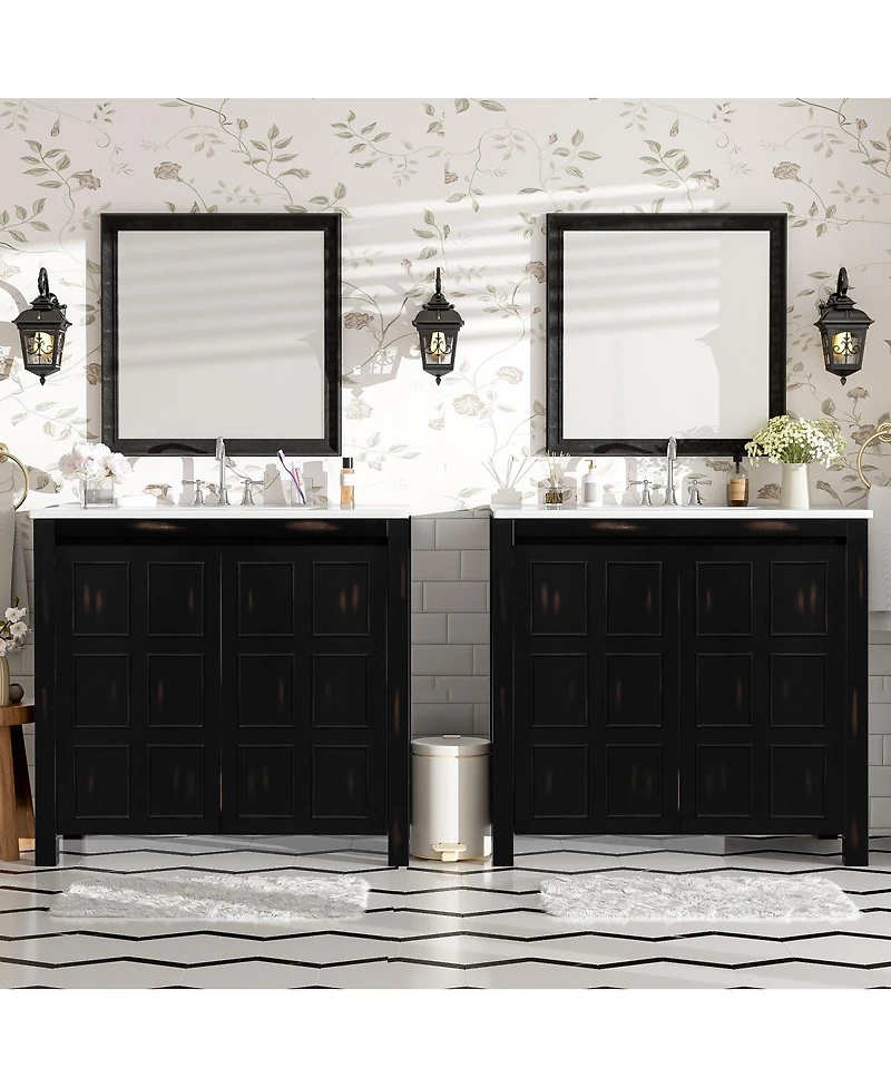 Sillysis 72 Inch Double Sink Bathroom Vanity, Solid Wood Frame, Espresso Distressed Finish, Soft Close Doors and Ceramic Top Storage Cabinet