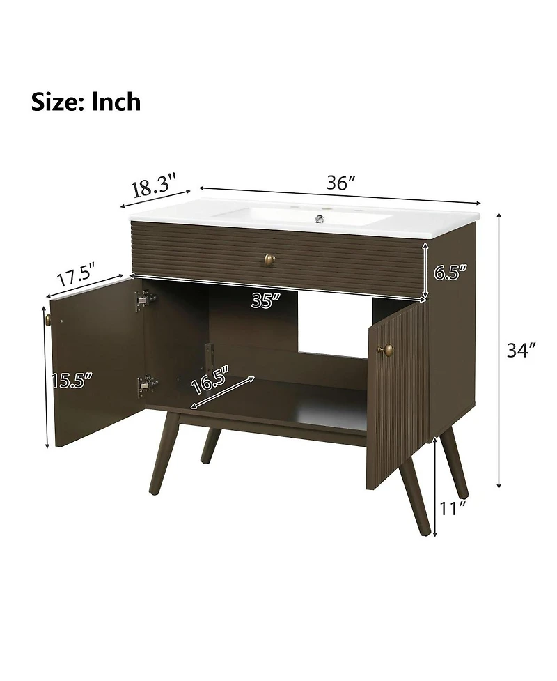 Sillysis 36 Inch Modern Freestanding Bathroom Vanity with Soft Close Doors, Striped Cabinet and Ceramic Sink for Luxury Storage