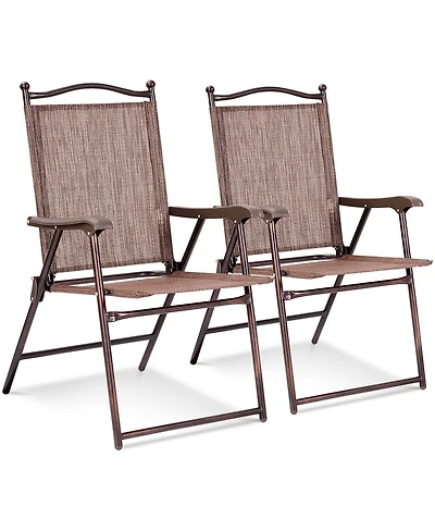 Gymax Set of 2 Folding Patio Furniture Sling Back Chairs Outdoors brown