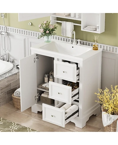 Sillysis 30 Inch Bathroom Vanity with Sink, Solid Wood Frame, Modern Freestanding Cabinet, Soft Close Drawers and Ceramic Top