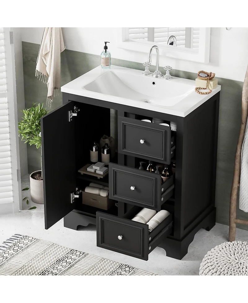 Sillysis 30 Inch Bathroom Vanity with Sink, Solid Wood Frame, Modern Freestanding Cabinet, Soft Close Drawers and Ceramic Top