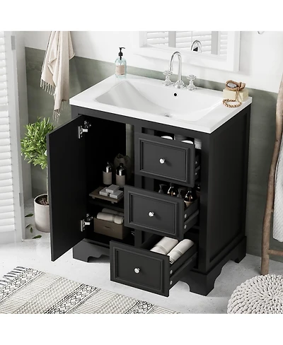 Sillysis 30 Inch Bathroom Vanity with Sink, Solid Wood Frame, Modern Freestanding Cabinet, Soft Close Drawers and Ceramic Top