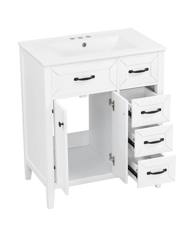 Sillysis 30 Inch Bathroom Vanity with Sink, Modern Freestanding Cabinet, Solid Wood Legs, Ceramic Top and 3 Drawers Storage