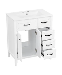 Sillysis 30 Inch Bathroom Vanity with Sink, Modern Freestanding Cabinet, Solid Wood Legs, Ceramic Top and 3 Drawers Storage