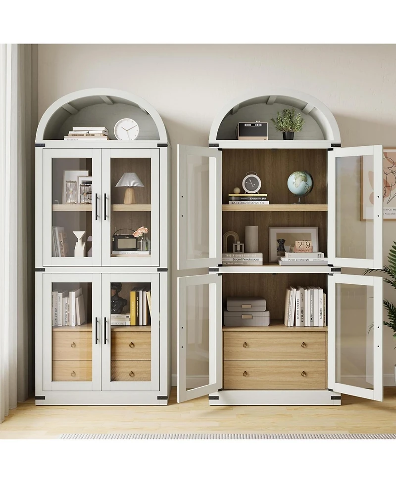gaomon Arched Farmhouse Bookshelf with Glass Doors and Drawers, Display Cabinet with Metal Corners