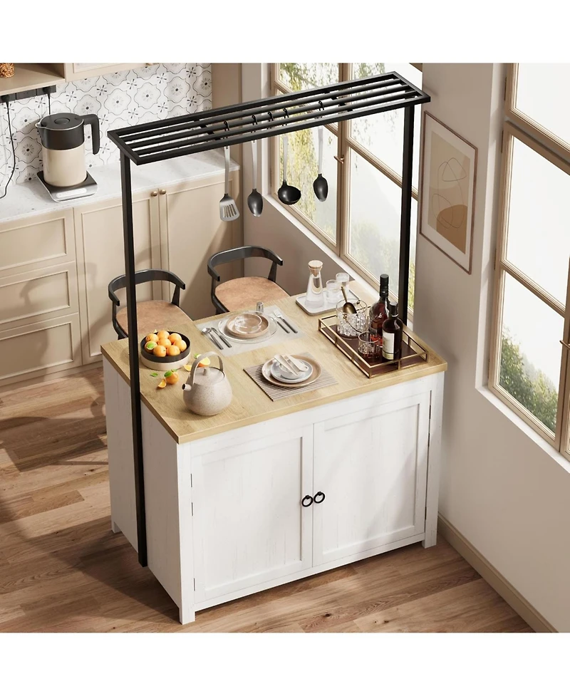 gaomon 42" Kitchen Island with Storage, 1.2" Countertop Heavy-Duty Multi-Functional Kitchen Cart with 2 Tier Shelves, 5 Hooks, Metal Coffee Bar Table