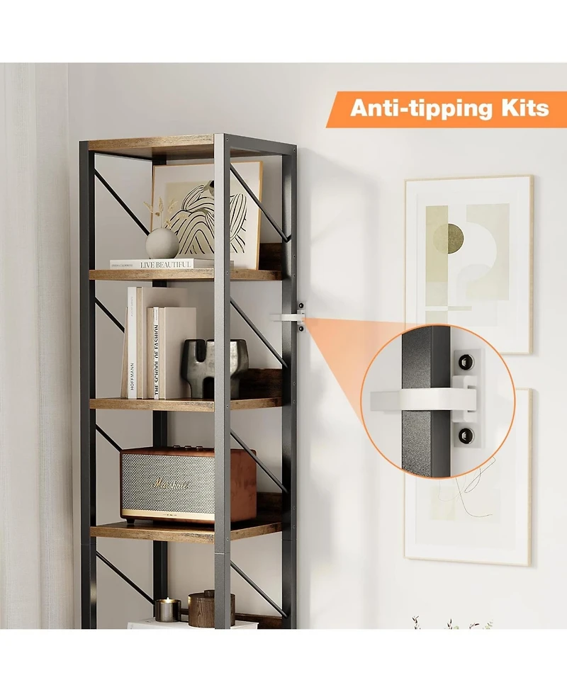 gaomon Narrow 6-Tier Tall Skinny Bookshelf with Metal Frame, Rustic Industrial Corner Storage Rack