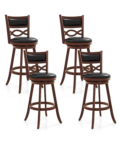 Gymax Bar Height Stools Set of 4 with Rubber Wood Frame Faux Leather Upholstered Seat