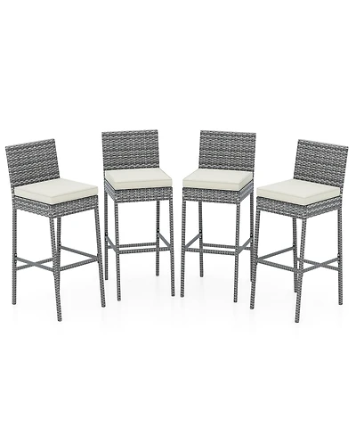 Gymax 4 Pcs Patio Wicker Barstools Bar Height Chairs W/ Cushions Backyard