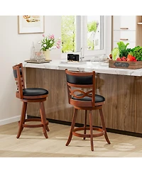 Gymax Bar Stools Set of 2 with Rubber Wood Frame Faux Leather Upholstered Seat