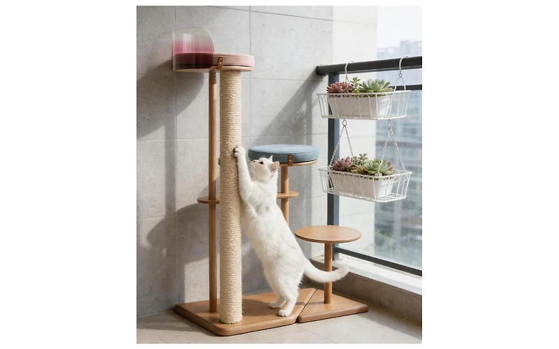 Zeus and Ruta Modern Cat Tower Cat Furniture with Veneer Shelves Solid Rubberwood Posts and Sisal and Acrylic Pod