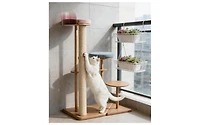 Zeus and Ruta Modern Cat Tower Cat Furniture with Veneer Shelves Solid Rubberwood Posts and Sisal and Acrylic Pod