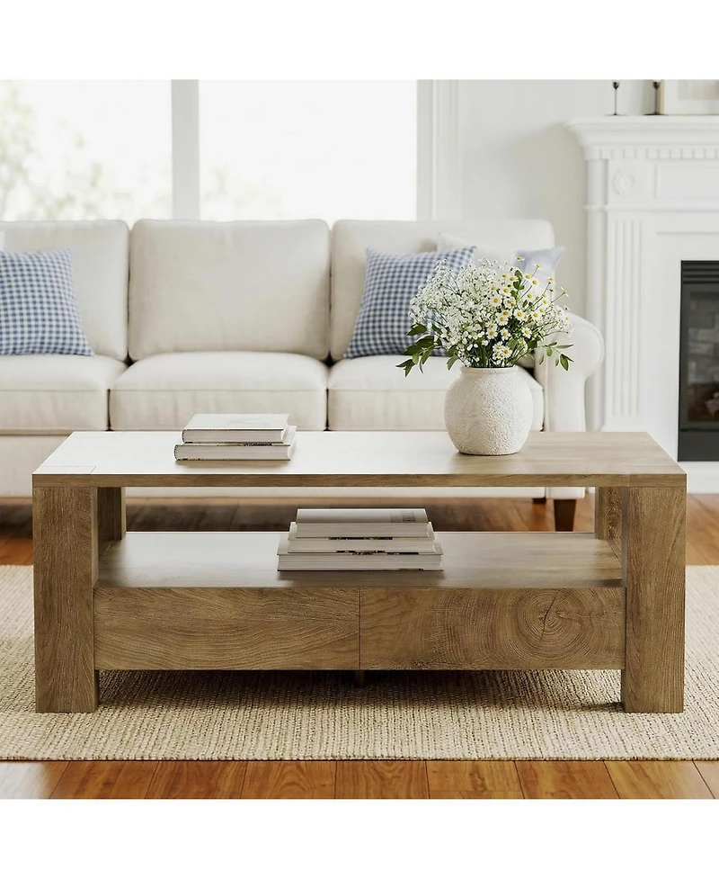 Tribesigns 47" Rectangle Coffee Table with 2 Drawers and Open Shelf, Farmhouse Wood Living Room Center Tea Table
