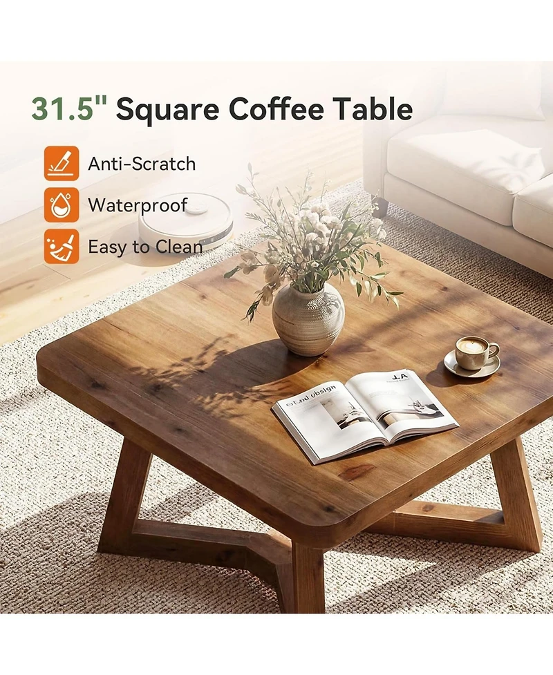 Tribesigns 31.5" Solid Wood Square Coffee Table, Farmhouse Accent Cocktail Tea Table with Double Geometric Pedestal