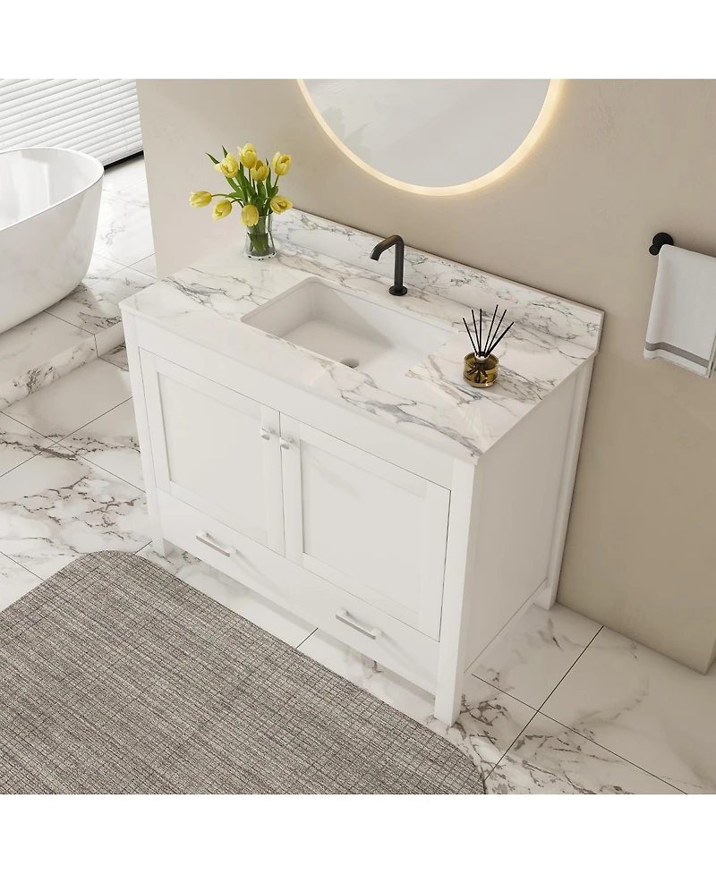 Sillysis Bathroom Vanity with Sintered Stone Carrara Top, Large Storage Drawer and Soft Close Doors