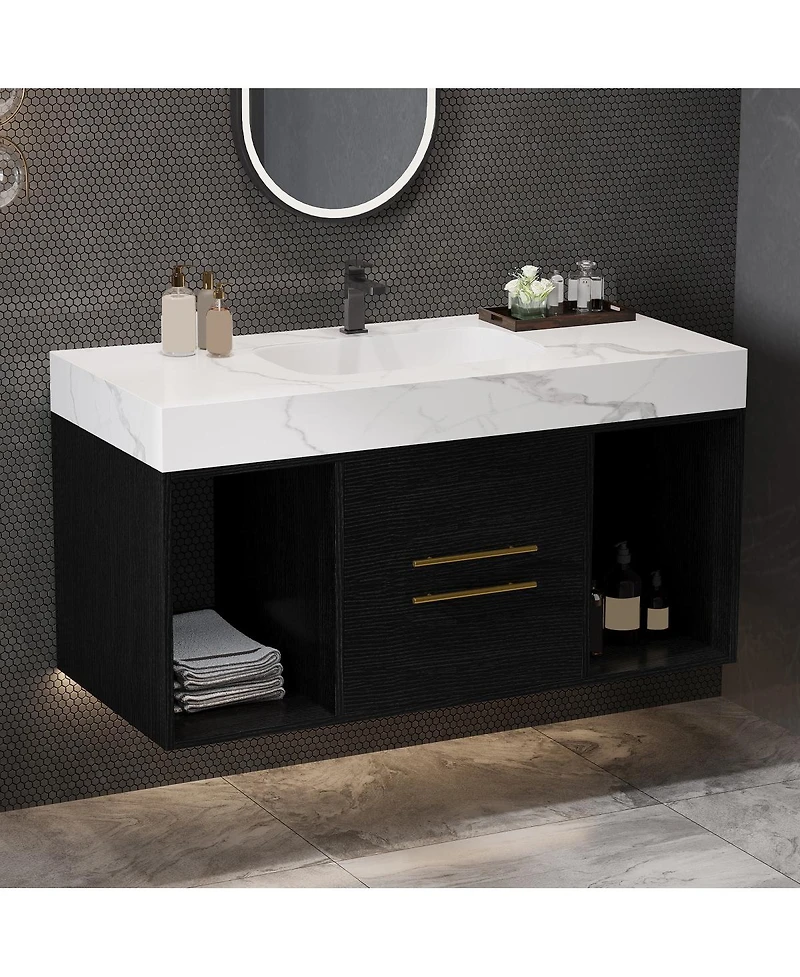 Sillysis Floating Bathroom Vanity with Ceramic Sink, Sintered Stone Top, 2 Soft Close Drawers, Wall Mounted Modern Cabinet