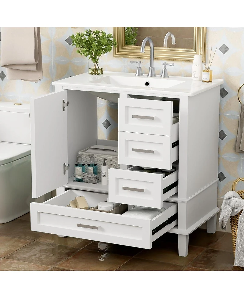 Sillysis Sage Green Bathroom Vanity with Ceramic Sink, Freestanding Solid Wood Mdf Cabinet, 3 Drawers Soft Close Door for Small Bathrooms