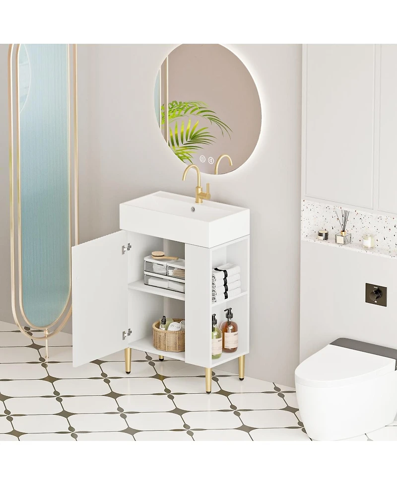 Sillysis Small Bathroom Vanity with Ceramic Sink, Modern Wood Base, Soft Close Door and Open Shelves for Compact Spaces