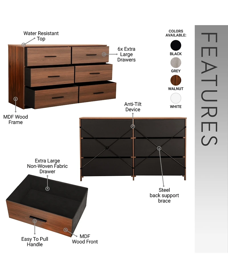 Flynama Modern 5 Drawer Dresser Wood Fabric Drawers Cabinet with Rattan Details
