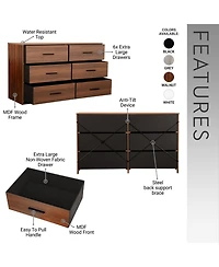 Flynama Modern 5 Drawer Dresser Wood Fabric Drawers Cabinet with Rattan Details