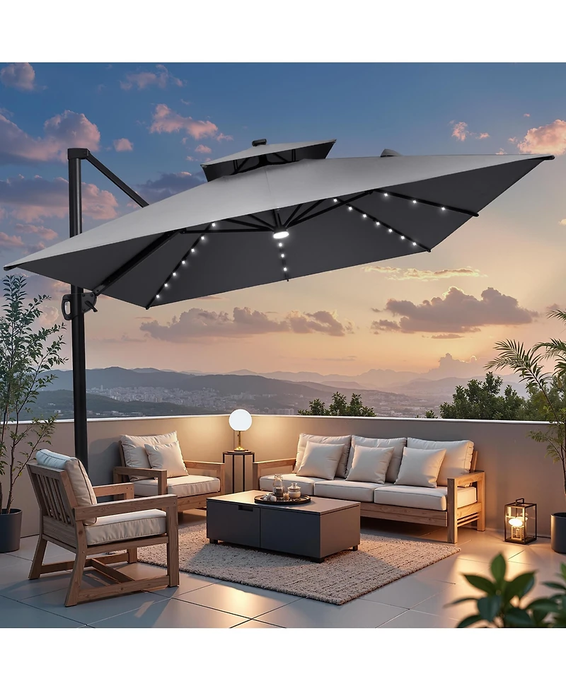 Pellebant Outdoor Patio 10X13FT Aluminum Double Canopy Led Solar Lights Cantilever Umbrella