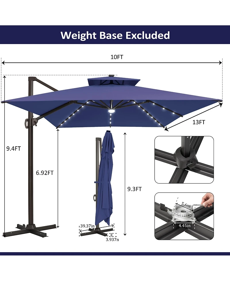 Pellebant Outdoor Patio 10X13FT Aluminum Double Canopy Led Solar Lights Cantilever Umbrella