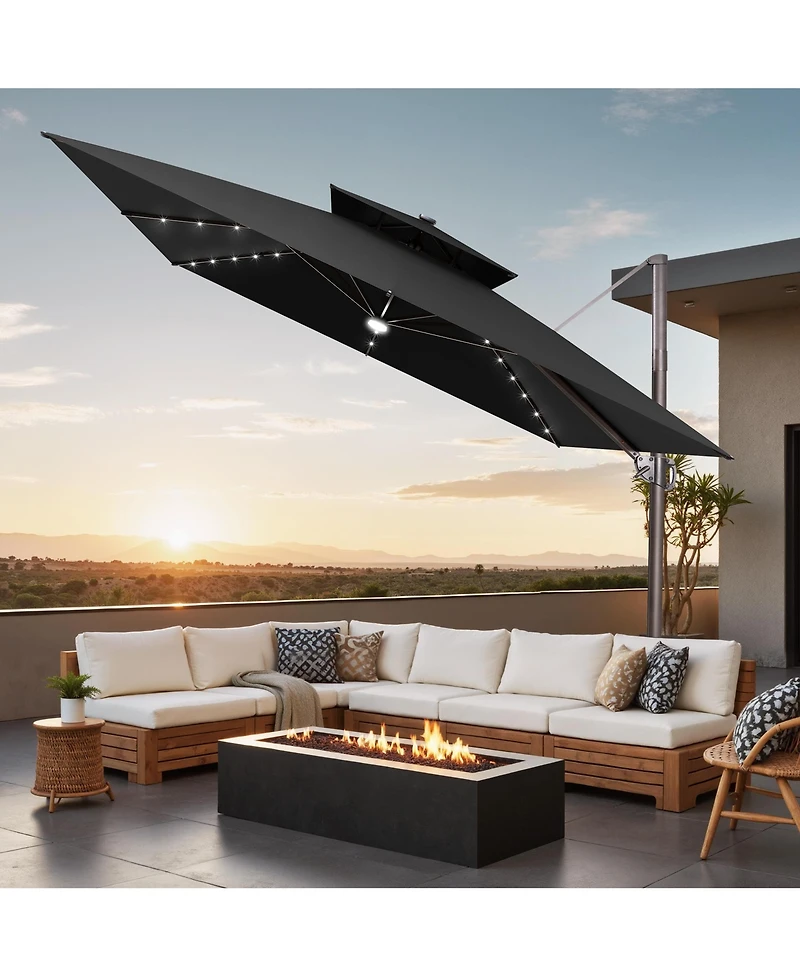 Pellebant Outdoor Patio 11x11FT Aluminum Double Canopy Solar Lights Cantilever Umbrella