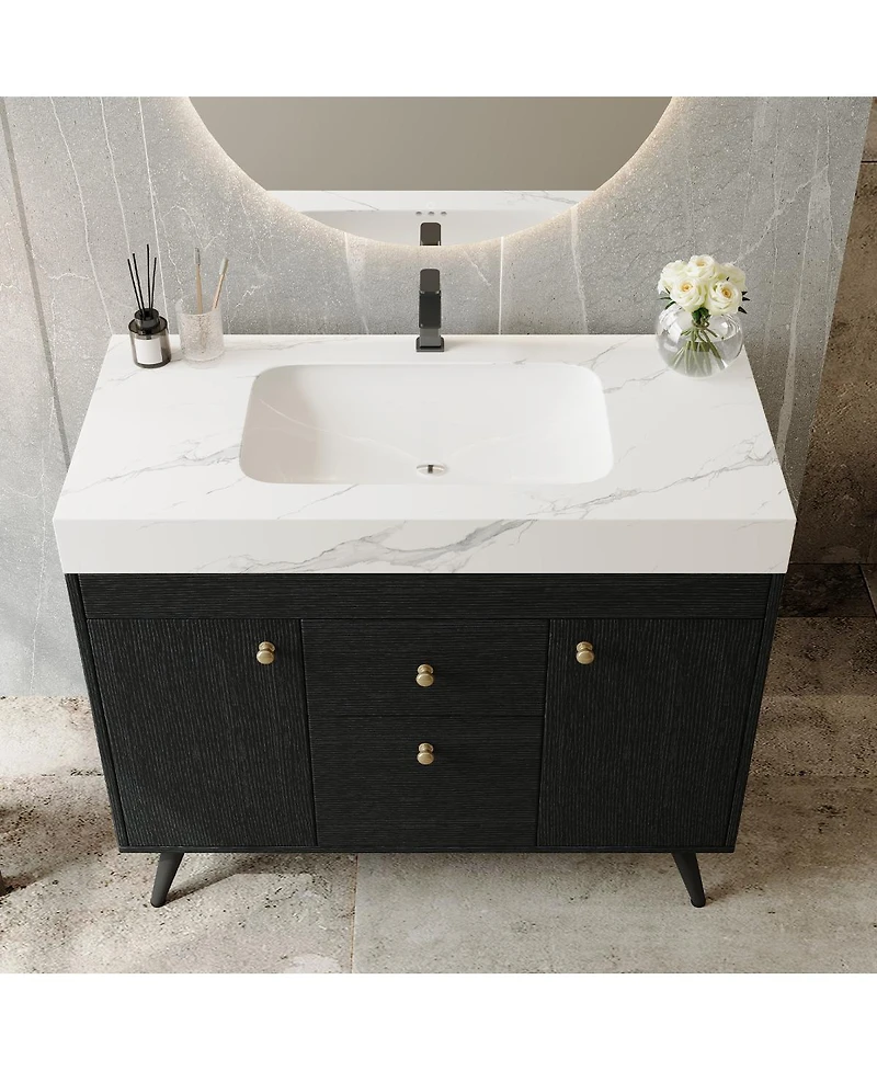 Sillysis Walnut Freestanding Bathroom Vanity with Sintered Stone Top, Ceramic Sink, Soft Close Storage, Stainless Steel Legs-Sillysis