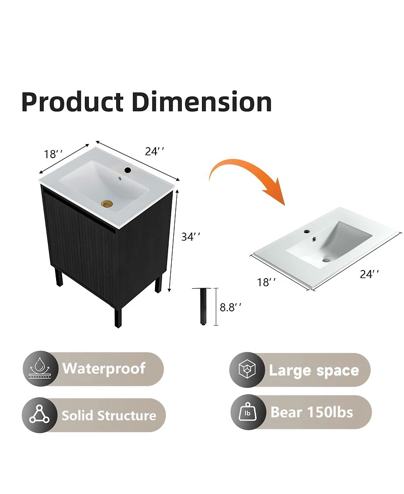 Sillysis 24" Bathroom Vanity with Sink, Floor Standing or Wall Mounted, Large Storage Waterproof Cabinet for Small