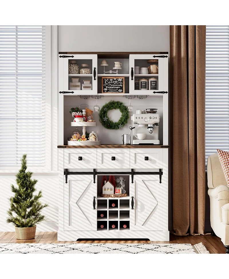 gaomon 72" Farmhouse Bar Cabinet with Sliding Barn Door, Tall Kitchen Buffet with Storage Hutch and 3 Drawer, Wine and Glasses Rack