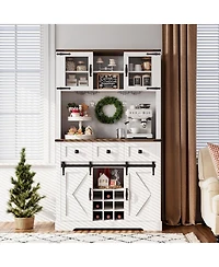 gaomon 72" Farmhouse Bar Cabinet with Sliding Barn Door, Tall Kitchen Buffet with Storage Hutch and 3 Drawer, Wine and Glasses Rack
