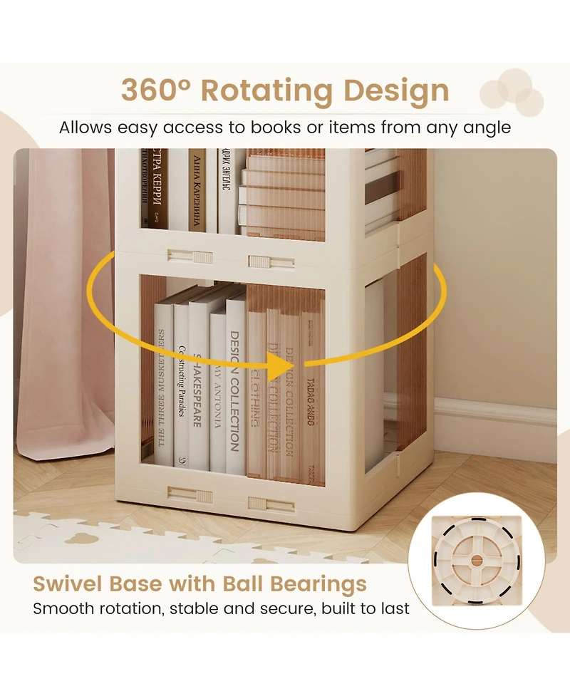 Sugift 3-Tier Foldable Rotating Bookshelf with Swivel Base and Translucent Panels