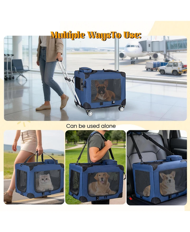 Zeus and Ruta 24/28 in. 2 in 1 Rolling Cat Carrier with Wheels 24 Inch Collapsible Travel Crate Portable Kennel