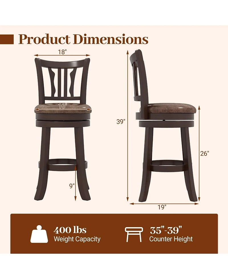 Sugift Counter Height Swivel Bar Stools Set of Two with Wood Frame