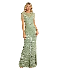 Mac Duggal Petite Beaded Fringe High-Neck Fitted Evening Gown