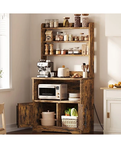 gaomon Microwave Stand Bakers Rack Cabinet, Farmhouse with Power Outlet Thickened Counter, Freestanding Small Kitchen