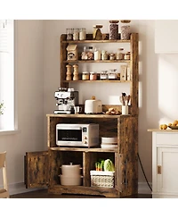 gaomon Microwave Stand Bakers Rack Cabinet, Farmhouse with Power Outlet Thickened Counter, Freestanding Small Kitchen