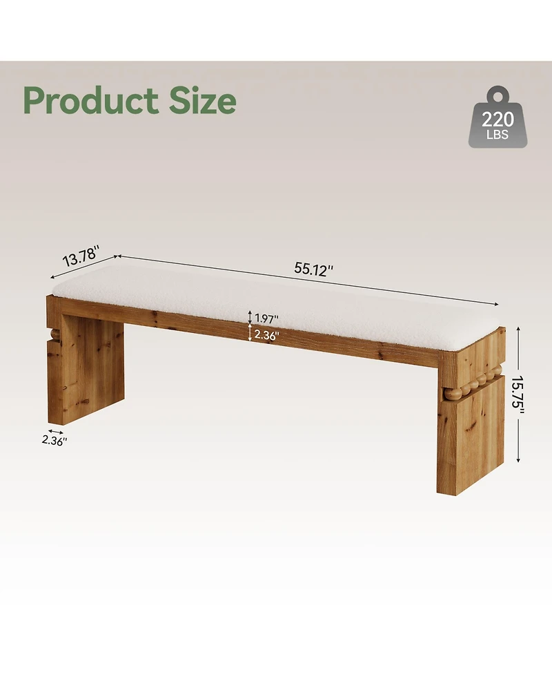 Tribesigns 55.1" Wide Upholstered Bench, Solid Wood Bedroom Bench with Boucle Cushion, Modern Entryway Bench