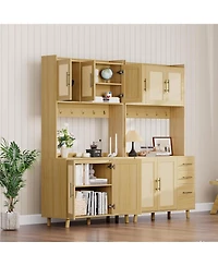 gaomon 71 in Tall Kitchen Pantry Cabinet with Microwave Shelf, Rattan Freestanding Storage Cabinet with 3 Drawers, Adjustable Shelves and 6 Hooks
