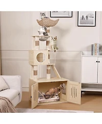 gaomon Cat Tree with Litter Box Enclosure, Hidden Washroom Litter Box Tree with Sisal Scratching Post and Soft Plush Perch, Wooden Cat Furniture