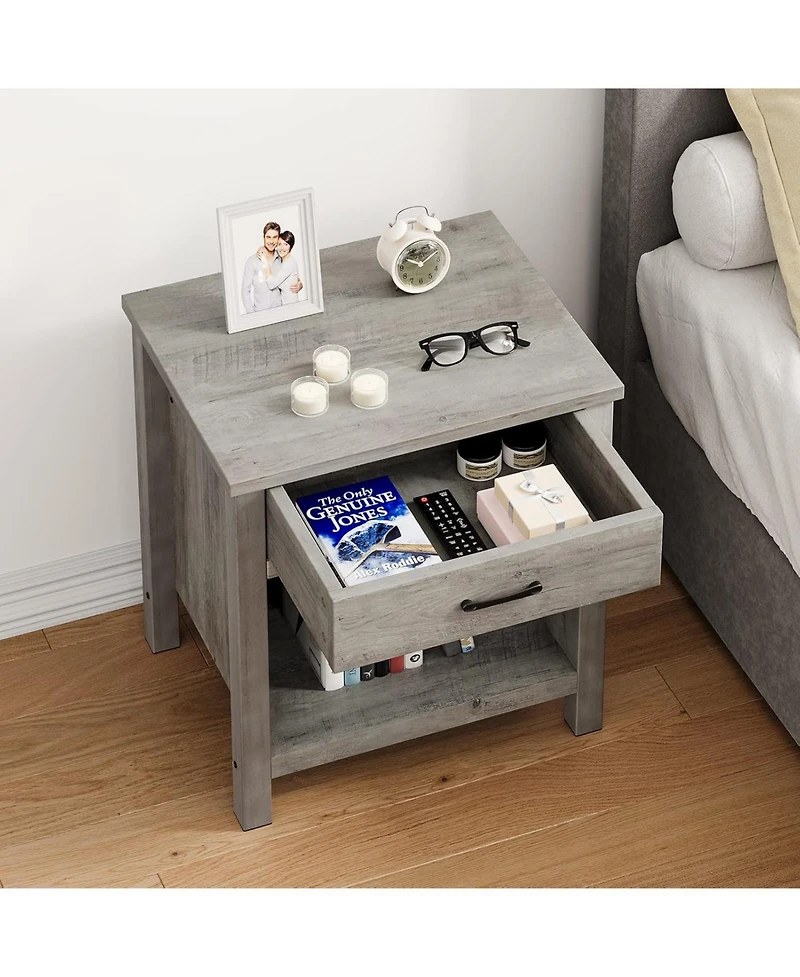 gaomon Farmhouse nightstand set of 2 with drawer and open shelf- wooden end tables for bedroom, nursery, or living room storage.