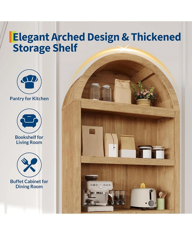 gaomon 72" Tall Wood Arched Storage Cabinet - 5-Shelf Kitchen Pantry with Doors & Open Shelves, Versatile Standing Bookcase Cupboard