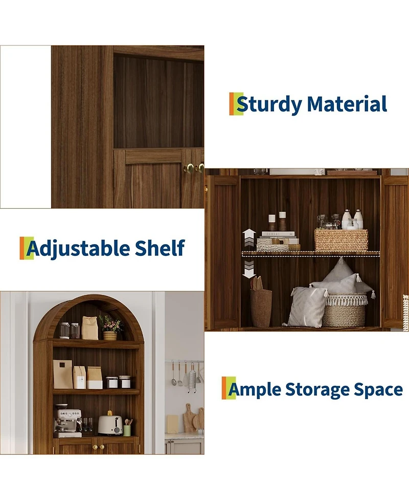 gaomon 72" Tall Wood Arched Storage Cabinet - 5-Shelf Kitchen Pantry with Doors & Open Shelves, Versatile Standing Bookcase Cupboard