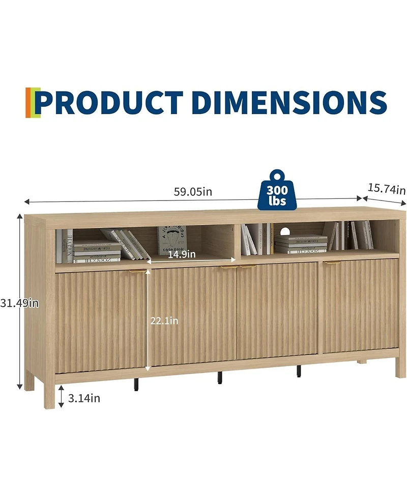 gaomon Fluted Storage Cabinet 65.8" Adjustable 3-Tier, Modren Entryway Organizer with Fluted Doors and Gold Handle, Waterproof Design for Kitchen