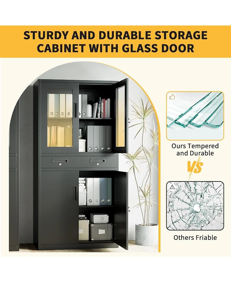 gaomon 71 Inch Tall Metal Garage Storage Cabinet with Glass Doors, 2 Lockable Drawers, 2 Adjustable Shelves, Lockable Steel Doors