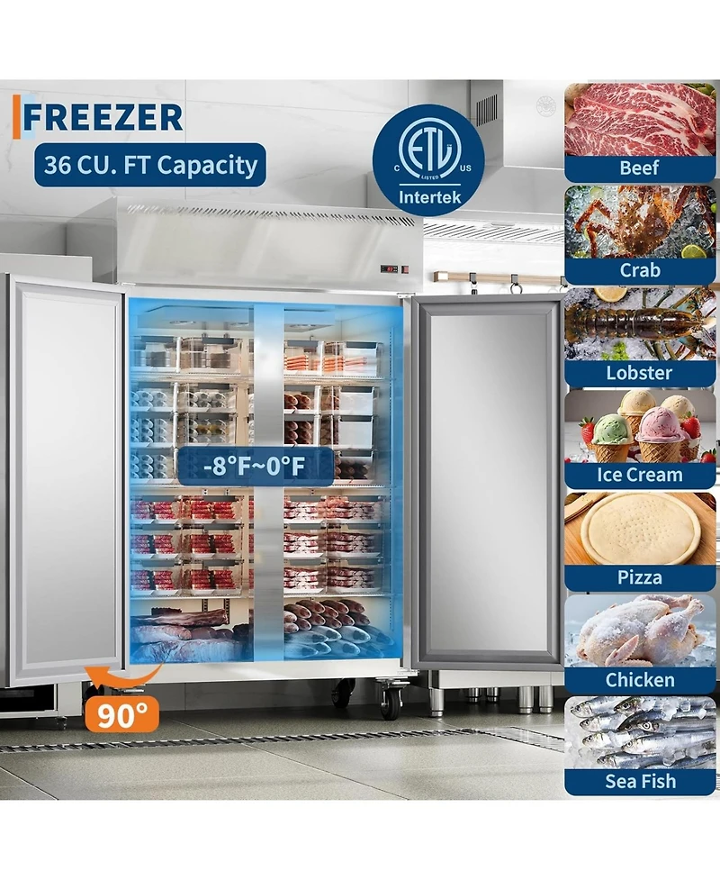 gaomon 48"W Commercial Freezer 36 Cu.ft Stainless Steel Reach-in Solid Door Upright Fan Cooling 2 Door 2 Section Freezer for Restaurant, Bar, Shop